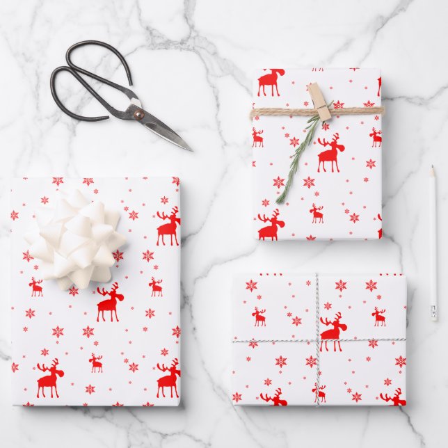 Modern Simple Red Moose Snowflakes Wrapping Paper Sheets (Front)