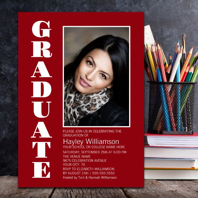 Modern Simple Red Photo Graduation Party Invitation (Creator Uploaded)