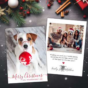 Modern Simple Red Script 2 Photo Christmas Holiday Card