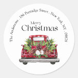 Modern Simple Red Truck Christmas Return Address Classic Round Sticker<br><div class="desc">Beautiful Vintage Red Truck with Christmas Bouquet Holiday Classic Round Address Stickers! Perfect holiday envelope seals ... Easy online personalization! Dimensions: 1.5"/20 per sheet Also available in 3"/6 per sheet Printed on white acid-free paper Vibrant full-color, full-bleed printing Scratch-resistant front, easy peel-and-stick back Available in a matte or glossy finish...</div>