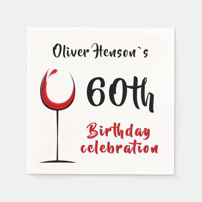 Modern Simple Red Wine Glass 60th Birthday Party Napkins (Front)