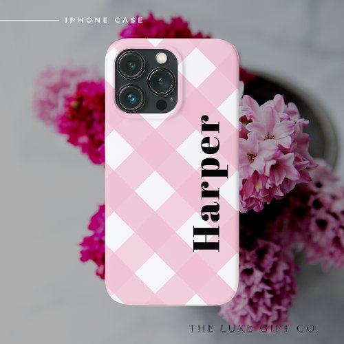 Modern Simple Retro Pink Gingham Check Monogram iPhone 13 Pro Case