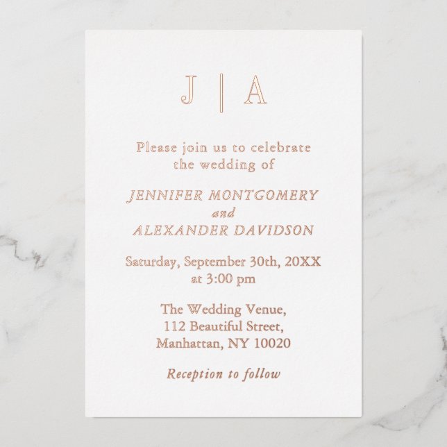 Modern Simple Rose Gold And White Monogram Wedding Foil Invitation (Front)