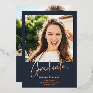 Modern simple rose gold blue 2 photos graduation foil invitation