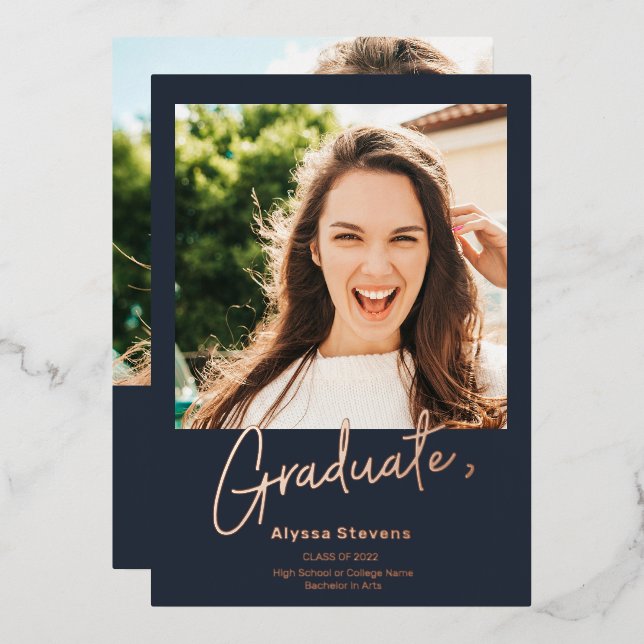 Modern simple rose gold blue 2 photos graduation foil invitation (Front/Back)