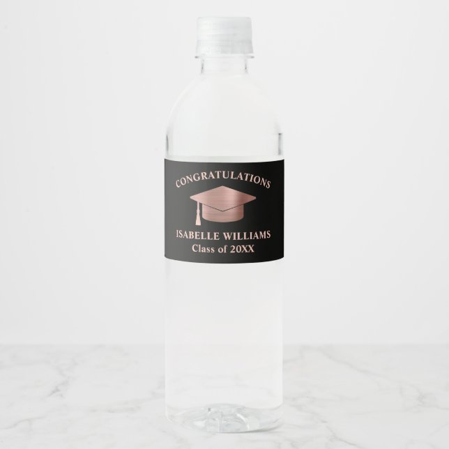 Modern Simple Rose Gold Custom Graduation Water Bottle Label (Front)