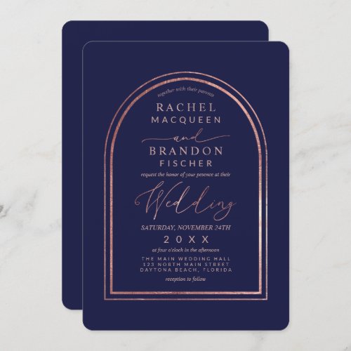 Modern Simple Rose Gold Navy Blue Arch Wedding Invitation