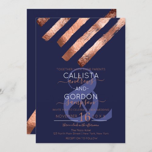 Modern Simple Rose Gold Navy Brushstrokes Wedding Invitation