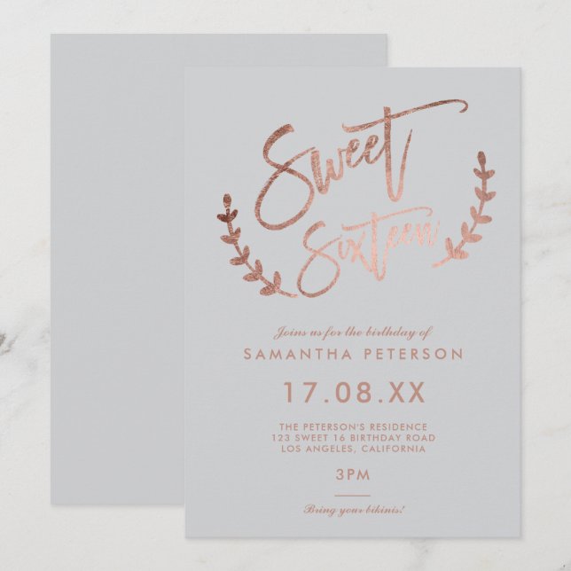 modern simple rose gold sweet 16 typography invitation (Front/Back)