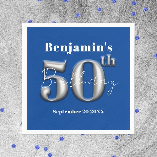 Modern Simple Royal Blue and Silver 50th Birthday Napkins