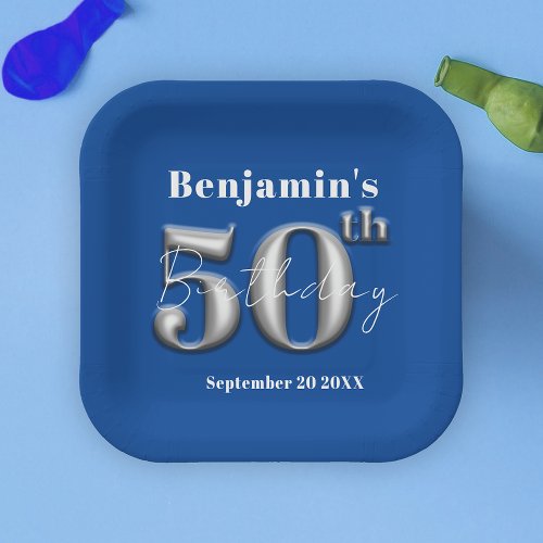 Modern Simple Royal Blue and Silver 50th Birthday Paper Plates