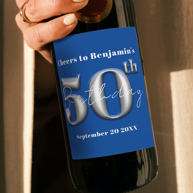 Modern Simple Royal Blue and Silver 50th Birthday Wine Label (Creator Uploaded)