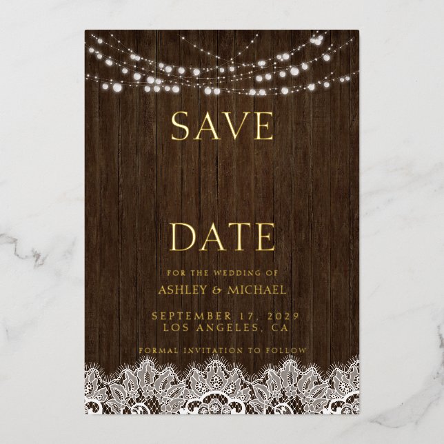 Modern Simple Rustic Twinkle Lights Wedding Save T Foil Invitation (Front)