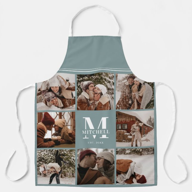 Modern Simple Sage Green Photo Collage | Monogram Apron (Front)
