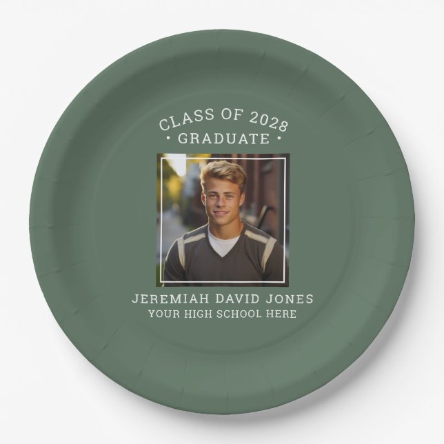 Modern Simple Sage Green Photo Graduation Paper Plates (Front)