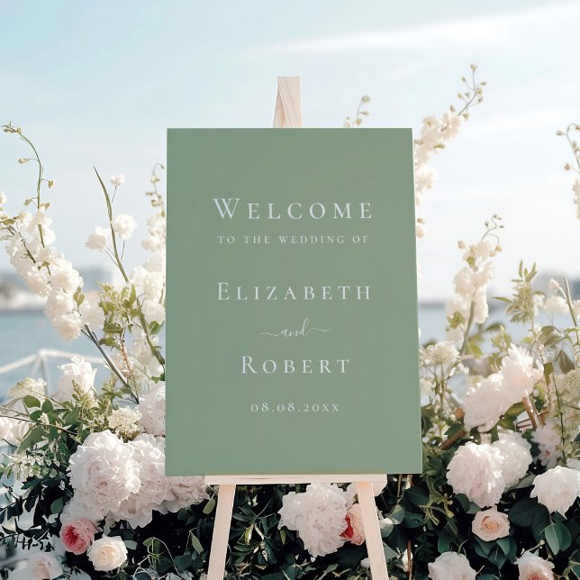 Modern Simple Sage Green Script Wedding Welcome Foam Board (Modern Simple Sage Green Script Wedding Welcome Foam Board on a boat with white floral statement.)