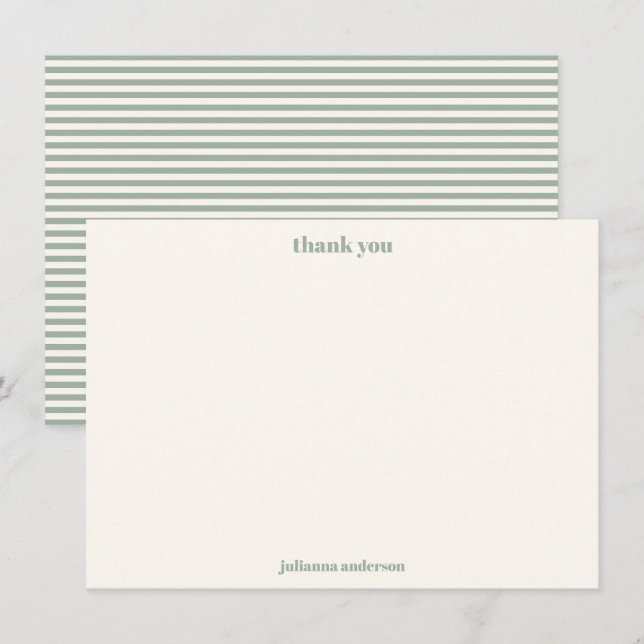 Modern Simple Sage Green Stripes Personalized Name Thank You Card (Front/Back)
