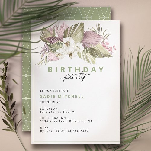Modern Simple Sage Green Tropical Summer Birthday Invitation