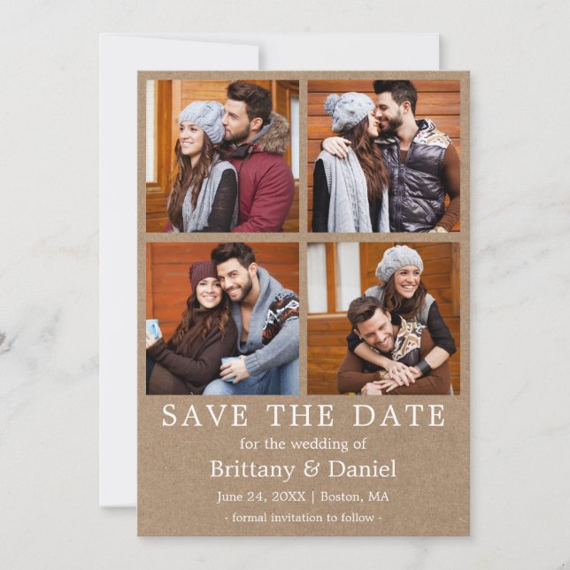 Modern Simple Save The Date 4 Photo Kraft Card (Front)