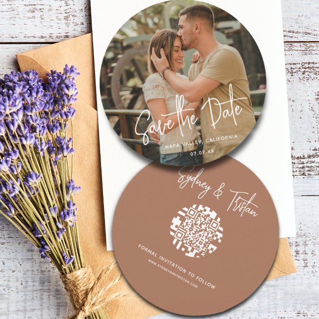 Modern Simple Save the Date Photo Overlay Wedding Invitation (Modern Simple Round Photo Save the Date QR Code Terracotta Wedding Invitation.)