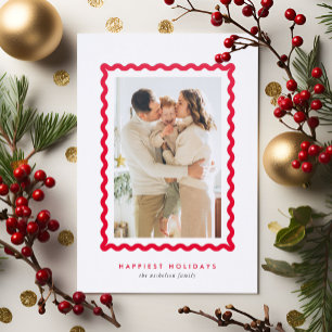 Modern Simple Scallop Christmas Happiest Holidays Letterpress Photo Cards