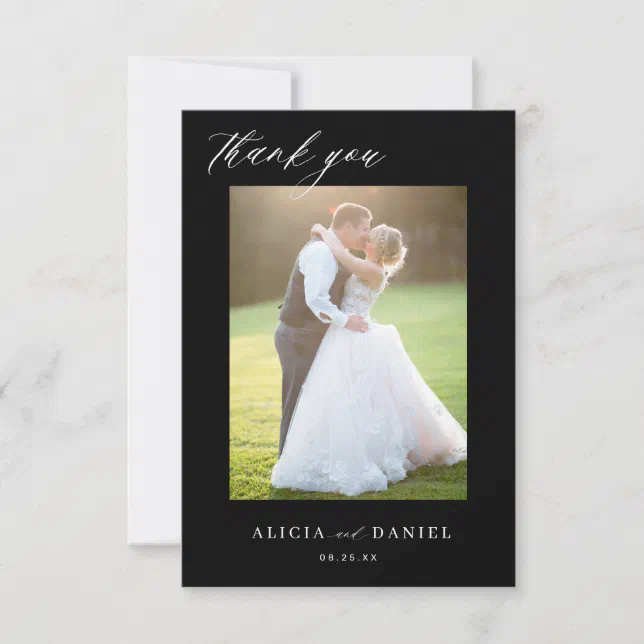 Modern simple script 2 photos black wedding Thank You Card | Zazzle