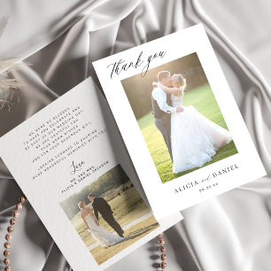 Modern simple script 2 photos wedding  Thank You Card