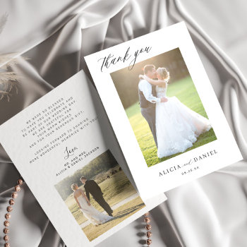 Modern Simple Script 2 Photos Wedding  Thank You Card by invitations_kits at Zazzle