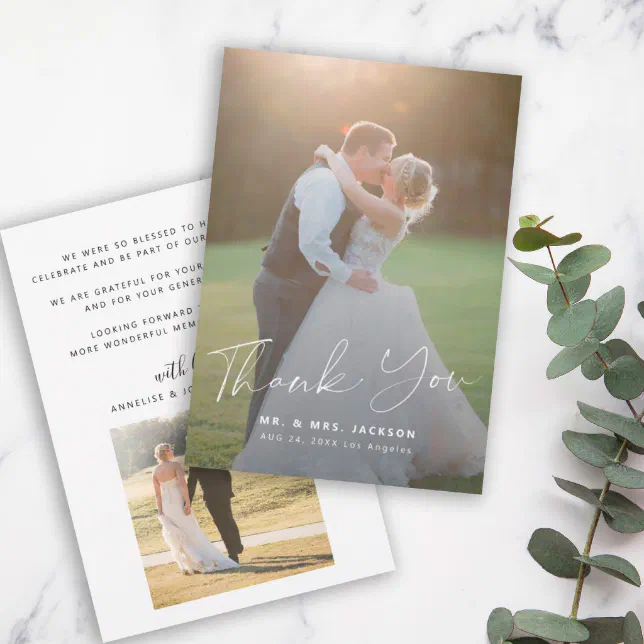 Modern simple script 2 photos wedding thank you card | Zazzle