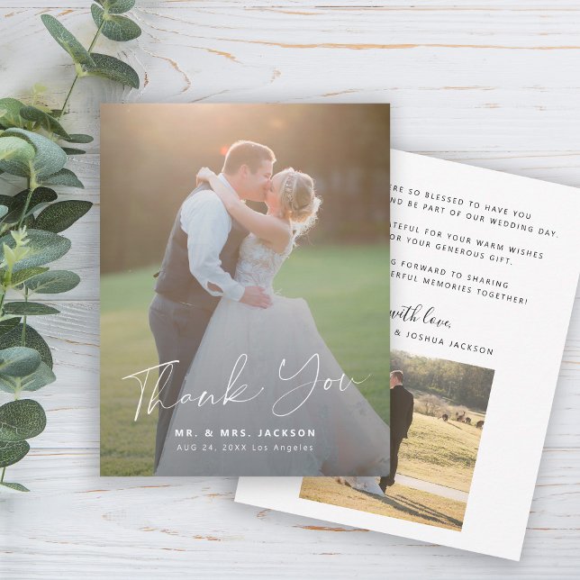 Modern simple script 2 photos wedding thank you card (Creator Uploaded)