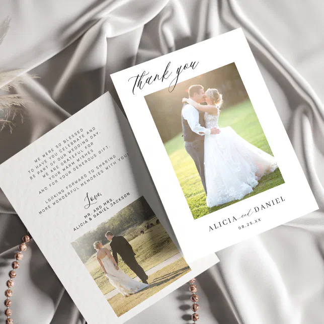 Modern simple script 2 photos wedding Thank You Card | Zazzle