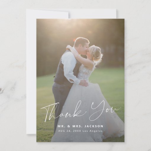 Modern simple script 2 photos wedding thank you card | Zazzle