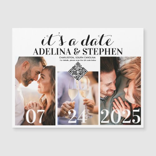 Modern Simple Script 3 Photo QR CODE Save The Date Magnetic Invitation