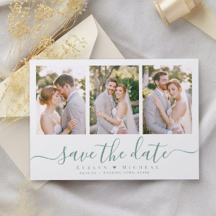 Modern simple script 3 photo save the date letterpress photo cards