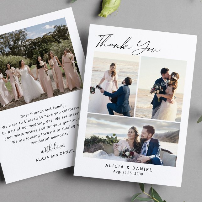 Modern simple script 4 photo collage wedding thank you card (Creator Uploaded)