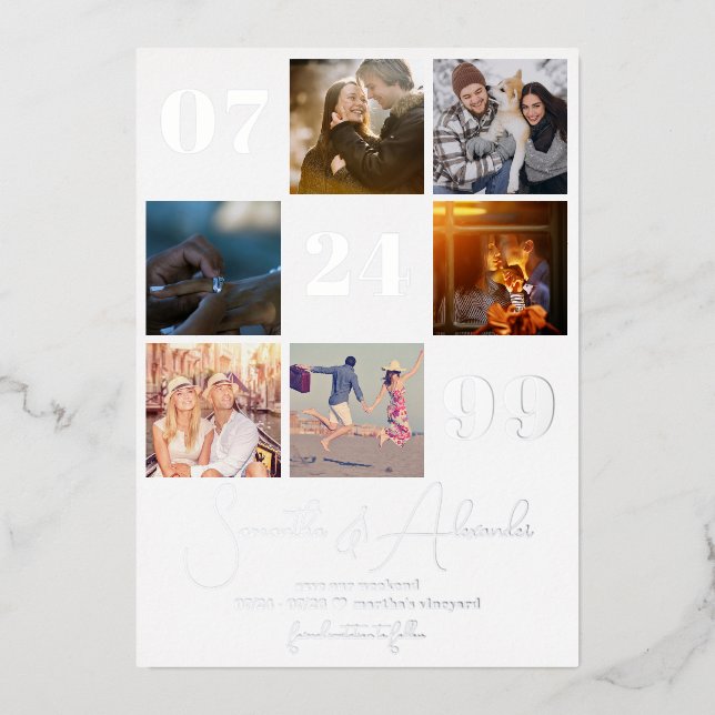 Modern Simple Script 6 Photo QR CODE Save The Date Foil Invitation (Front)