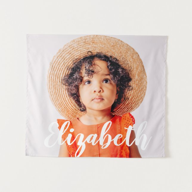 Modern Simple Script Add Your Name and Photo Tapestry (Front (Horizontal))