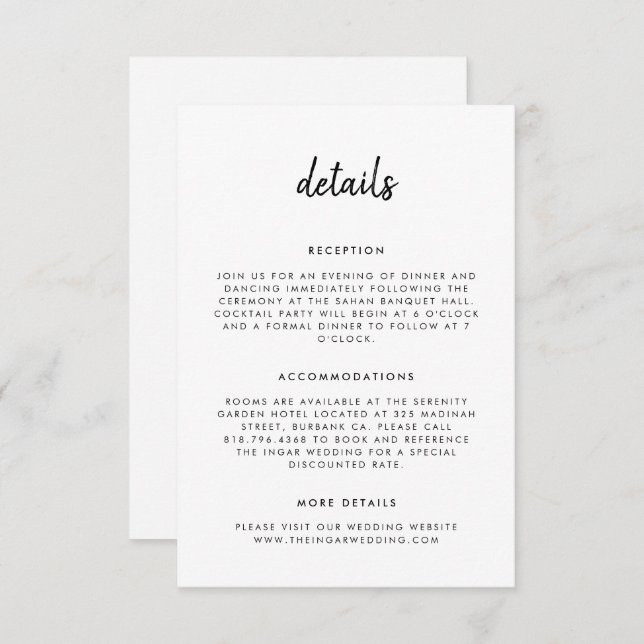 Modern Simple Script Black and White Wedding Enclosure Card (Front/Back)