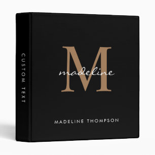 Modern Simple Script Black Gold Monogram 3 Ring Binder