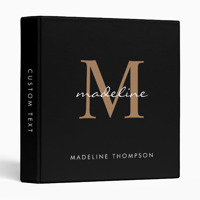 Modern Simple Script Black Gold Monogram 3 Ring Binder (Front/Spine)