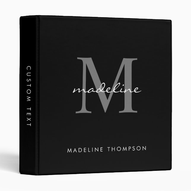 Modern Simple Script Black Gray Monogram 3 Ring Binder (Front/Spine)