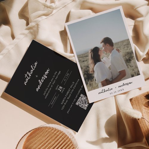 Modern Simple Script Black Photo QR Code Wedding Invitation