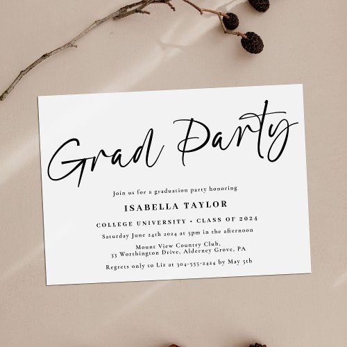 Modern Simple Script Black White Graduation Party Invitation