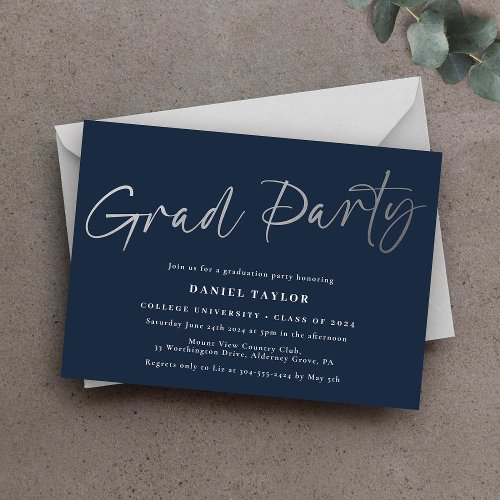 Modern Simple Script Blue Silver Graduation Party Foil Invitation