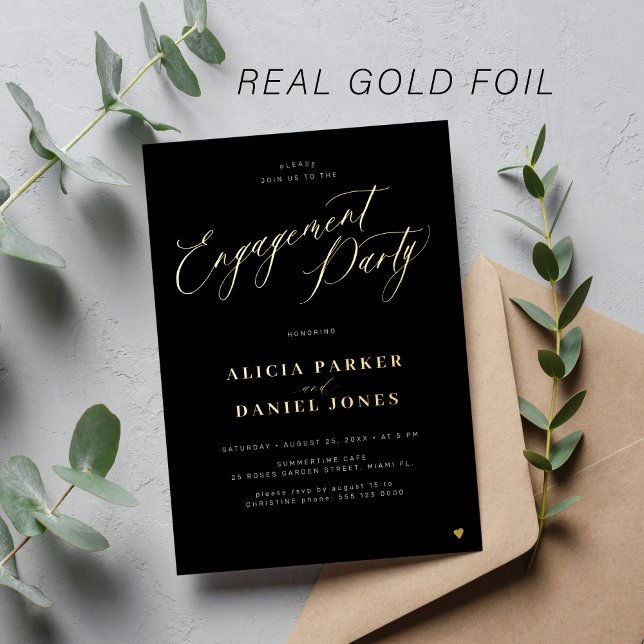 Modern simple script gold black engagement party foil invitation (Creator Uploaded)