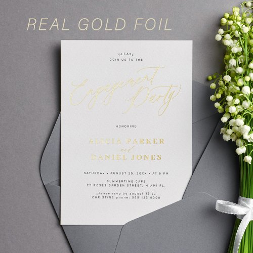 Modern simple script gold foil engagement party foil invitation