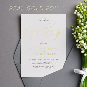 Modern simple script gold foil engagement party invitation