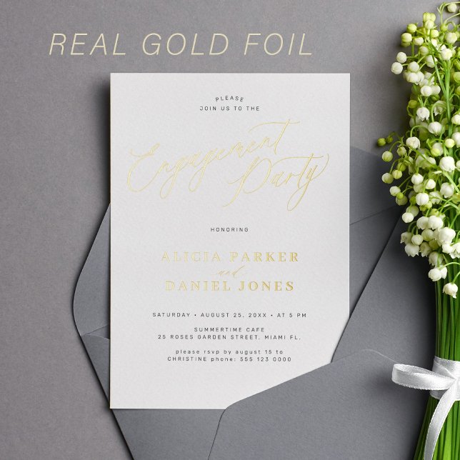 Modern simple script gold foil engagement party invitation (Creator Uploaded)
