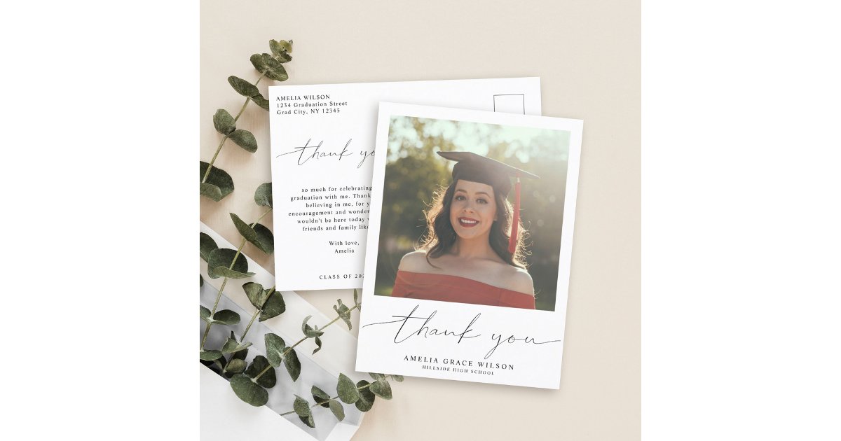 Modern Simple Script Graduation Photo Thank you Postcard | Zazzle