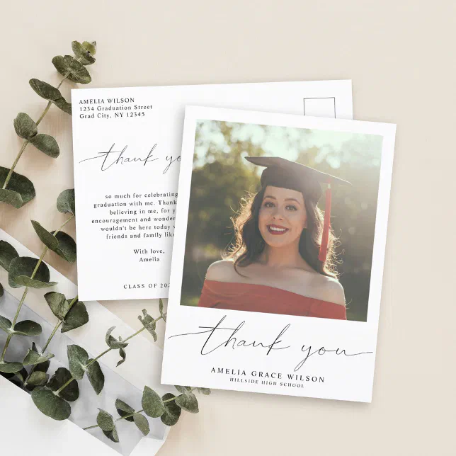 Modern Simple Script Graduation Photo Thank you Postcard | Zazzle